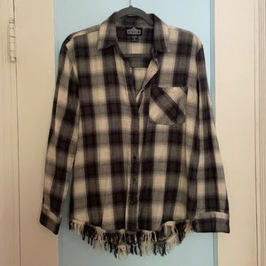 ANGIE plaid button-down with fringe trim. Black & Cream. Size Small.
